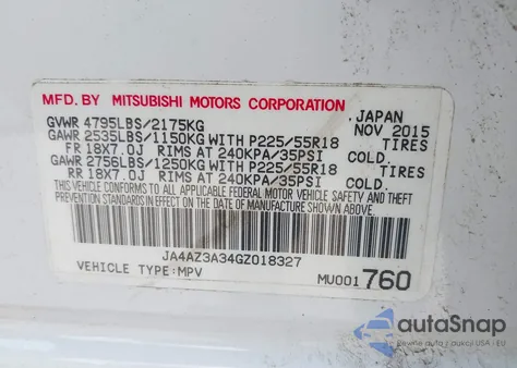 2016 Mitsubishi Outlander Se из США, поврежденный, VIN JA4AZ3A34GZ018327